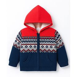 Babyhug Knit Full Sleeves Hooded Sweater With Design - Orange