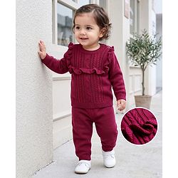Babyhug Knit Full Sleeves Solid Colour Cable Knit Designed Sweater Set - Wine