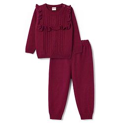 Babyhug Knit Full Sleeves Solid Colour Cable Knit Designed Sweater Set - Wine