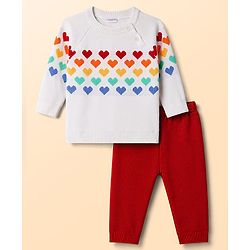 Babyhug Knitted Raglan Sleeves Sweater Set With Heart Design - Red
