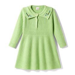 Babyhug Knit Full Sleeves Woollen Dress With Floral Embroidery - Lime Green