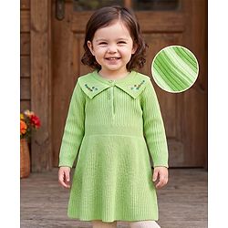 Babyhug Knit Full Sleeves Woollen Dress With Floral Embroidery - Lime Green
