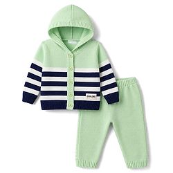 Babyhug Knitted Full Sleeves Striped Hooded Sweater Set - Green & Navy Blue