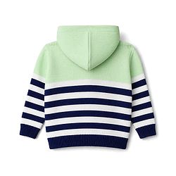 Babyhug Knitted Full Sleeves Striped Hooded Sweater Set - Green & Navy Blue