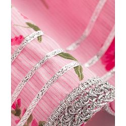 Babyhug 100% Cotton Cambric Woven Half Frill Sleeves Floral Printed & Sequinned Choli Lahenga & Dupatta Set - PInk