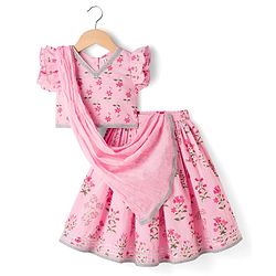 Babyhug 100% Cotton Cambric Woven Half Frill Sleeves Floral Printed & Sequinned Choli Lahenga & Dupatta Set - PInk