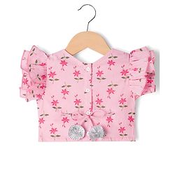 Babyhug 100% Cotton Cambric Woven Half Frill Sleeves Floral Printed & Sequinned Choli Lahenga & Dupatta Set - PInk