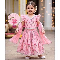 Babyhug 100% Cotton Cambric Woven Half Frill Sleeves Floral Printed & Sequinned Choli Lahenga & Dupatta Set - PInk