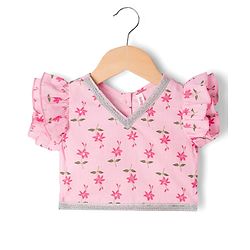 Babyhug 100% Cotton Cambric Woven Half Frill Sleeves Floral Printed & Sequinned Choli Lahenga & Dupatta Set - PInk