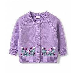 Babyhug Knit Raglan Half Sleeves Floral Embroidered Front Open Sweater - Lavender