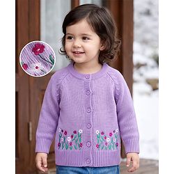 Babyhug Knit Raglan Half Sleeves Floral Embroidered Front Open Sweater - Lavender