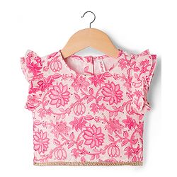 Babyhug 100% Cotton Woven Half Flutter Sleeves Floral Printed Lehenga Choli Set With Dupatta - Pink
