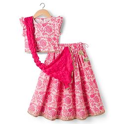 Babyhug 100% Cotton Woven Half Flutter Sleeves Floral Printed Lehenga Choli Set With Dupatta - Pink