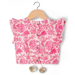Babyhug 100% Cotton Woven Half Flutter Sleeves Floral Printed Lehenga Choli Set With Dupatta - Pink