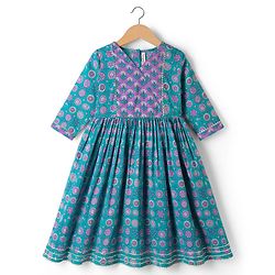Babyhug 100% Cotton Cambric Woven Three Fourth Sleeves Ethnic Dress with Floral Print - Blue