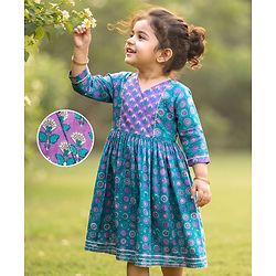 Babyhug 100% Cotton Cambric Woven Three Fourth Sleeves Ethnic Dress with Floral Print - Blue