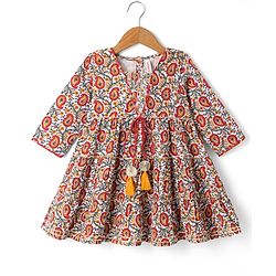 Babyhug 100% Cotton Cambric Ethnic Dresses with 3/4th Sleeves and Paisley Print in Offwhite for New born