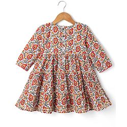 Babyhug 100% Cotton Cambric Ethnic Dresses with 3/4th Sleeves and Paisley Print in Offwhite for New born