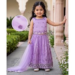 Babyhug Net Woven Sleeveless Floral Sequinned Choli Lehenga Set With Dupatta - Lavender