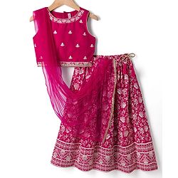 Babyhug Net Woven Sleeveless  Lehenga Choli Set With Dupatta & Floral Embroidery - Fuschia