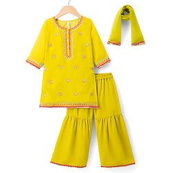Babyhug Georgette Woven Three Fourth Sleeves Embroidered Kurti Gharara Set With Dupatta - Light Yellow