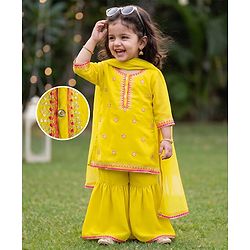 Babyhug Georgette Woven Three Fourth Sleeves Embroidered Kurti Gharara Set With Dupatta - Light Yellow