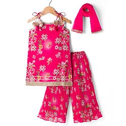 Babyhug Georgette Woven Sleeveless Floral Printed Kurti Palazo Set with Dupatta -  Fuchsia