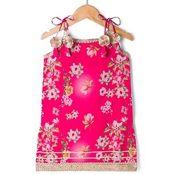 Babyhug Georgette Woven Sleeveless Floral Printed Kurti Palazo Set with Dupatta -  Fuchsia