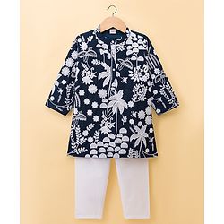Babyhug Chanderi Woven Full Sleeves Kurta Pyjama Set with Floral Embroidery - Navy Blue