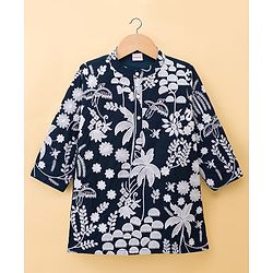 Babyhug Chanderi Woven Full Sleeves Kurta Pyjama Set with Floral Embroidery - Navy Blue