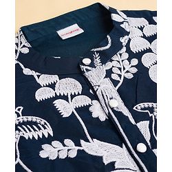 Babyhug Chanderi Woven Full Sleeves Kurta Pyjama Set with Floral Embroidery - Navy Blue
