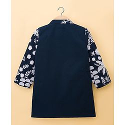 Babyhug Chanderi Woven Full Sleeves Kurta Pyjama Set with Floral Embroidery - Navy Blue