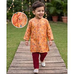Babyhug Chanderi Woven Full Sleeves Sequinned Kurta Pyjama Set - Mustard