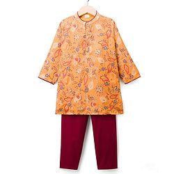 Babyhug Chanderi Woven Full Sleeves Sequinned Kurta Pyjama Set - Mustard