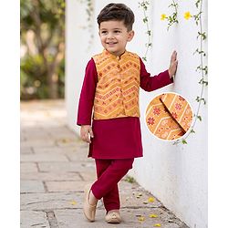 Babyhug Woven Full Sleeves Solid Colour Kurta Pajama Set with Floral Printed Nehru Jacket - Maroon