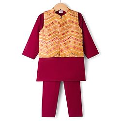 Babyhug Woven Full Sleeves Solid Colour Kurta Pajama Set with Floral Printed Nehru Jacket - Maroon