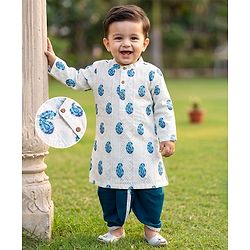 Babyhug Cambric Woven Full Sleeves Floral Kolka Dobby Printed Kurta Dhoti Set - Off White