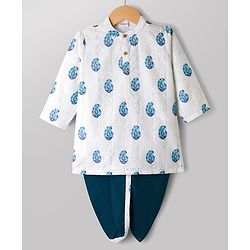 Babyhug Cambric Woven Full Sleeves Floral Kolka Dobby Printed Kurta Dhoti Set - Off White