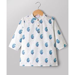 Babyhug Cambric Woven Full Sleeves Floral Kolka Dobby Printed Kurta Dhoti Set - Off White