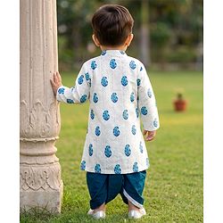 Babyhug Cambric Woven Full Sleeves Floral Kolka Dobby Printed Kurta Dhoti Set - Off White