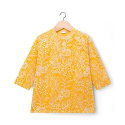 Babyhug Chanderi Woven Full Sleeves Kurta Pyjama Set With Floral Embroidery - Yellow