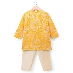 Babyhug Chanderi Woven Full Sleeves Kurta Pyjama Set With Floral Embroidery - Yellow
