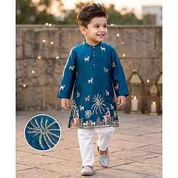 Babyhug Chanderi Woven Full Sleeves Animal Embroidered Kurta & Pyjama Set - Navy Blue