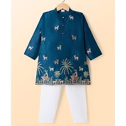 Babyhug Chanderi Woven Full Sleeves Animal Embroidered Kurta & Pyjama Set - Navy Blue