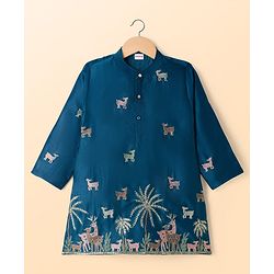 Babyhug Chanderi Woven Full Sleeves Animal Embroidered Kurta & Pyjama Set - Navy Blue