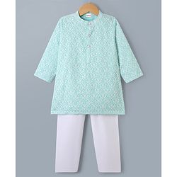 Babyhug Cotton Woven Full Sleeves Kurta & Pyjama Set With Floral Embroidery - Sky Blue
