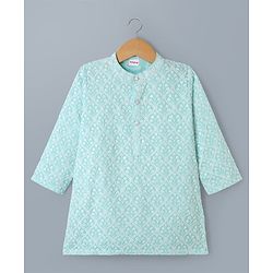 Babyhug Cotton Woven Full Sleeves Kurta & Pyjama Set With Floral Embroidery - Sky Blue