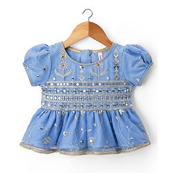 Babyhug Net Woven Half Sleeves Embroidered Lehenga Choli With Dupatta & Sequin Detailing - Blue