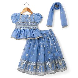 Babyhug Net Woven Half Sleeves Embroidered Lehenga Choli With Dupatta & Sequin Detailing - Blue