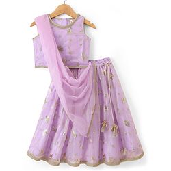 Babyhug Net Woven Sleeveless Woven Lehenga Choli Set & Dupatta With Sequin Detailing - Lavender